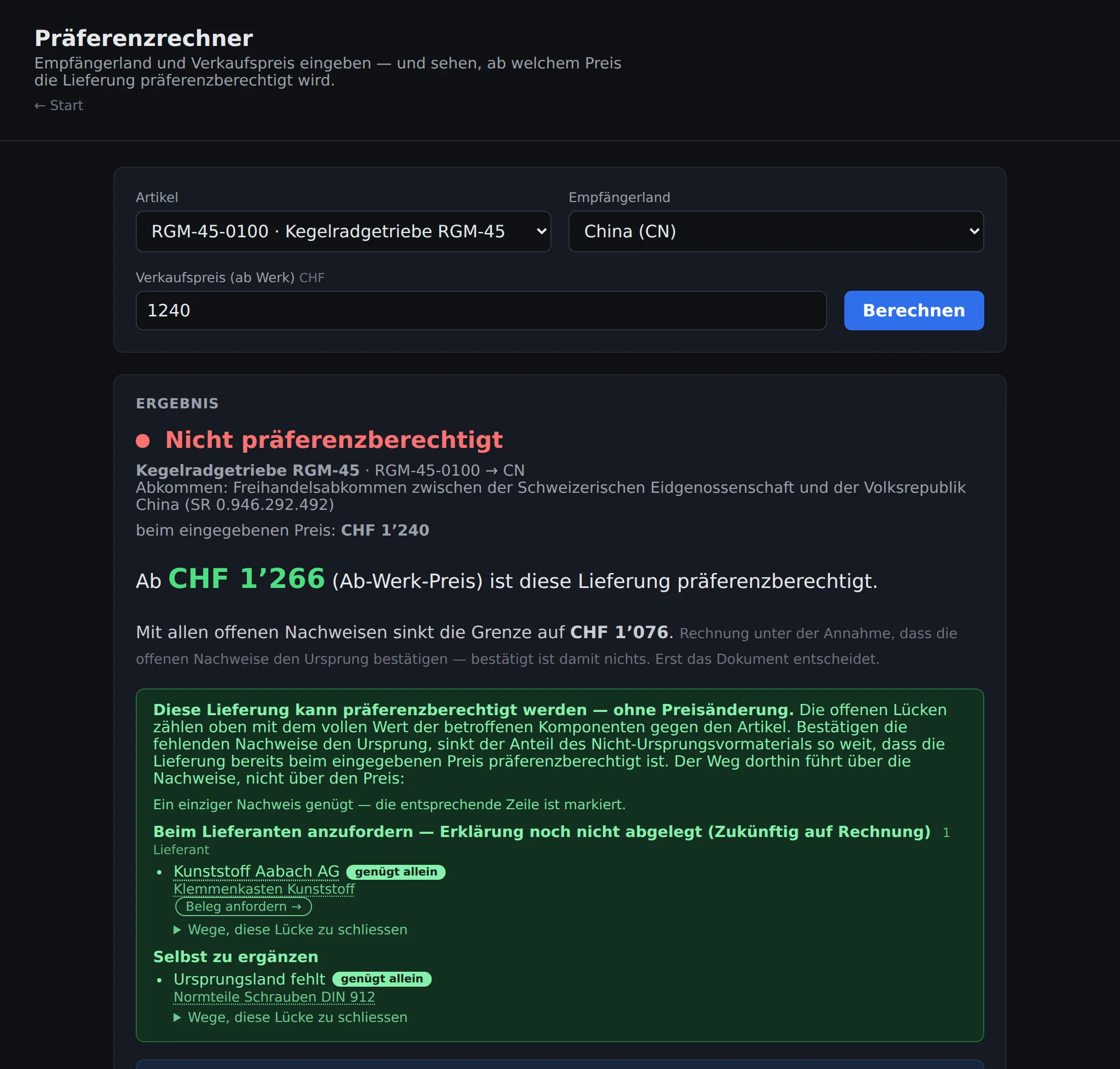 Präferenzrechner: ab CHF 1'266 präferenzberechtigt, mit allen offenen Nachweisen ab CHF 1'076.