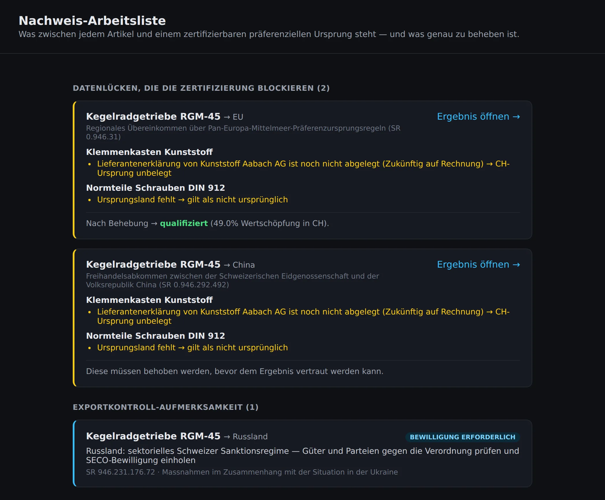 Nachweis-Arbeitsliste mit zwei blockierenden Datenlücken und einem Hinweis zur Exportkontrolle.